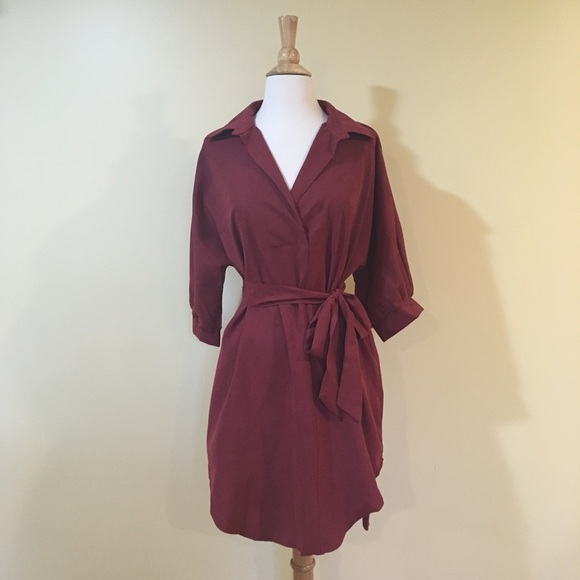 Burgundy Tie Waist Shirttail Hem High Low Shirt Dress - Picture 5 of 7